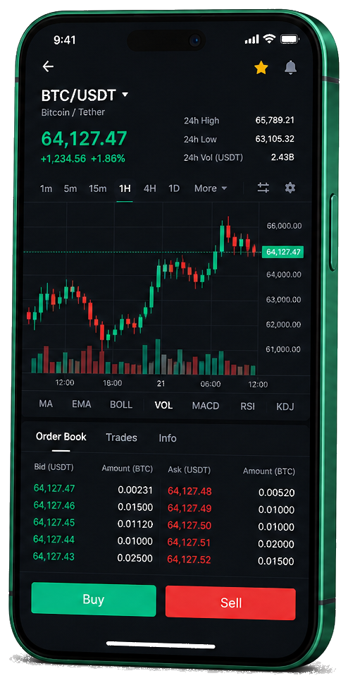 Sentier Investença trading platform on mobile — live BTC/USDT chart, order book, and buy/sell interface